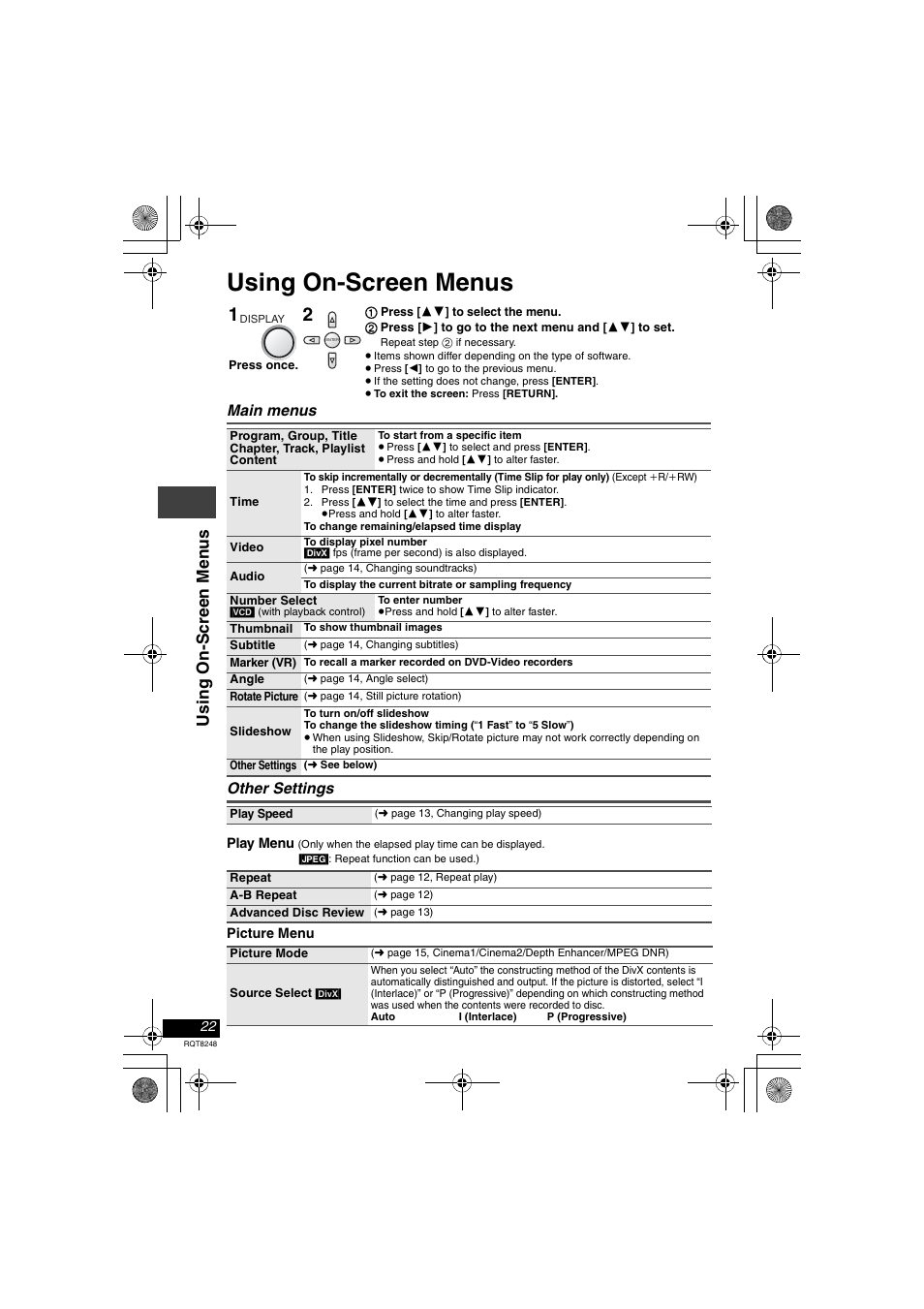 Using on-screen menus, Press [enter] twice to show time slip indicator, Press [34] to select the time and press [enter | Usi ng o n -s cree n men u s | Panasonic DVD-LS91 User Manual | Page 22 / 32