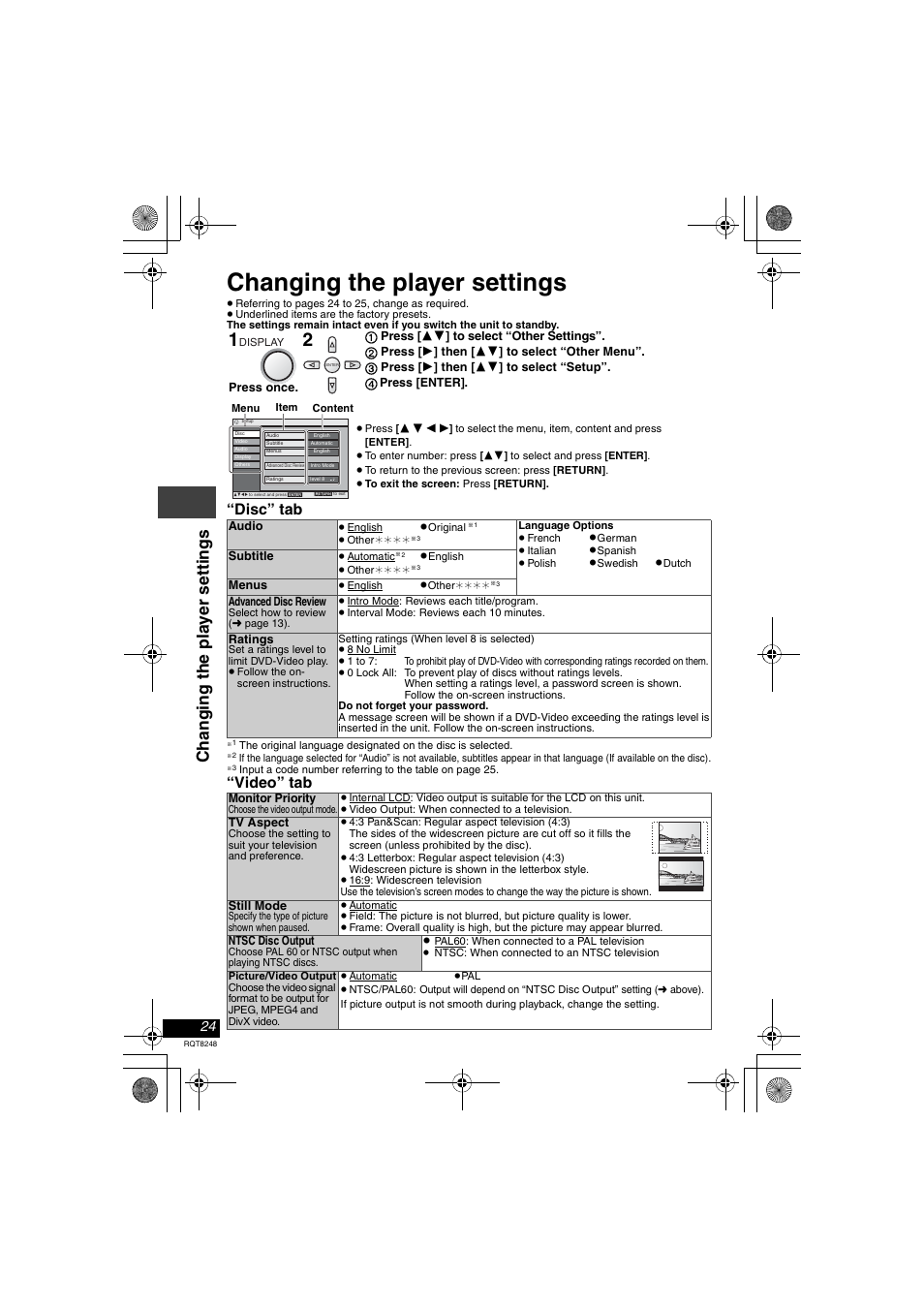 Changing the player settings, Changi ng t he pla y er set ti ngs, Disc” tab | Video” tab | Panasonic DVD-LS91 User Manual | Page 24 / 32