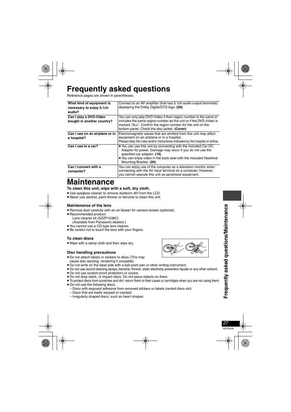 Frequently asked questions, Maintenance | Panasonic DVD-LS91 User Manual | Page 27 / 32