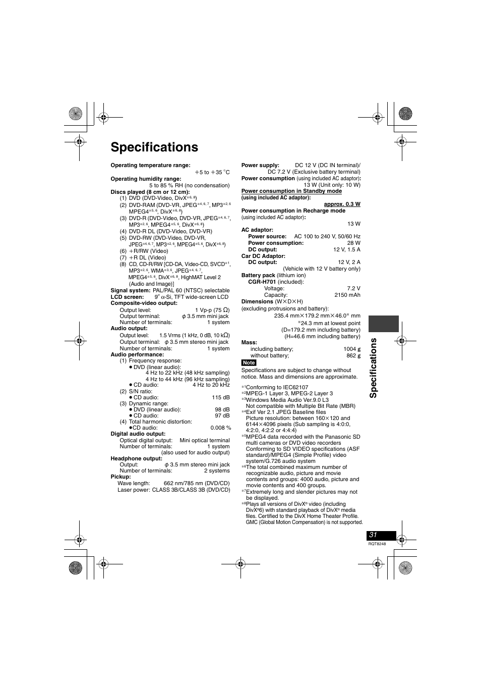 Specifications, Sp ecif ica ti ons | Panasonic DVD-LS91 User Manual | Page 31 / 32
