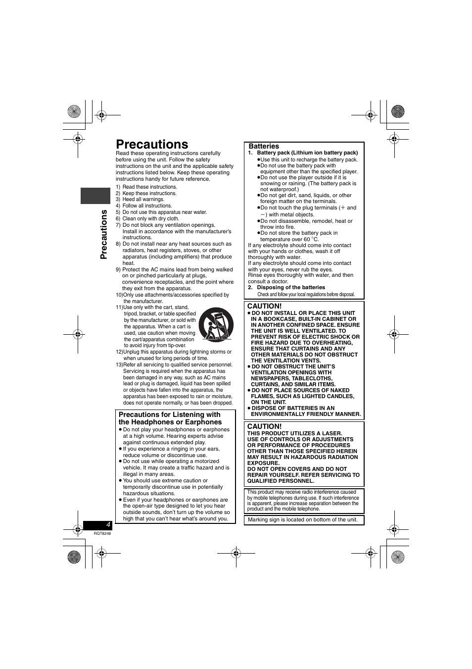 Battery pack (lithium ion battery pack), Disposing of the batteries, Precautions | Pr ecaut ions | Panasonic DVD-LS91 User Manual | Page 4 / 32