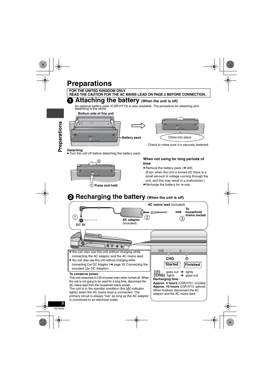 Preparations, 1 attaching the battery (when the unit is off), 1 attaching the battery | 2 recharging the battery, Pre parat ions | Panasonic DVD-LS91 User Manual | Page 8 / 32