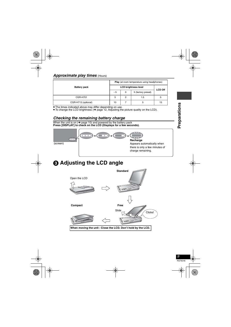 3 adjusting the lcd angle, Pre parat ions, Approximate play times | Checking the remaining battery charge | Panasonic DVD-LS91 User Manual | Page 9 / 32