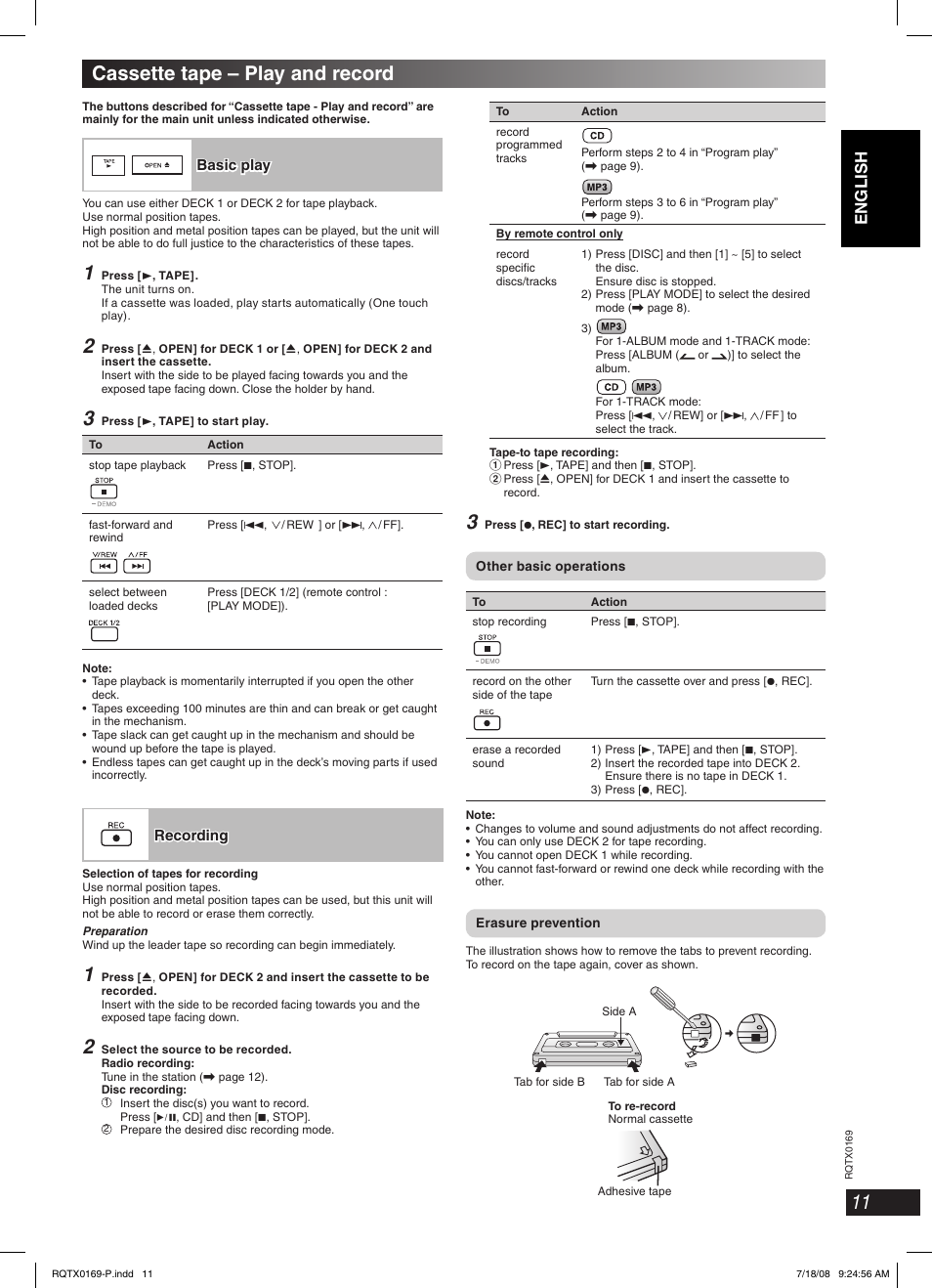 Cassette tape – play and record | Panasonic SC-AK960 User Manual | Page 11 / 28