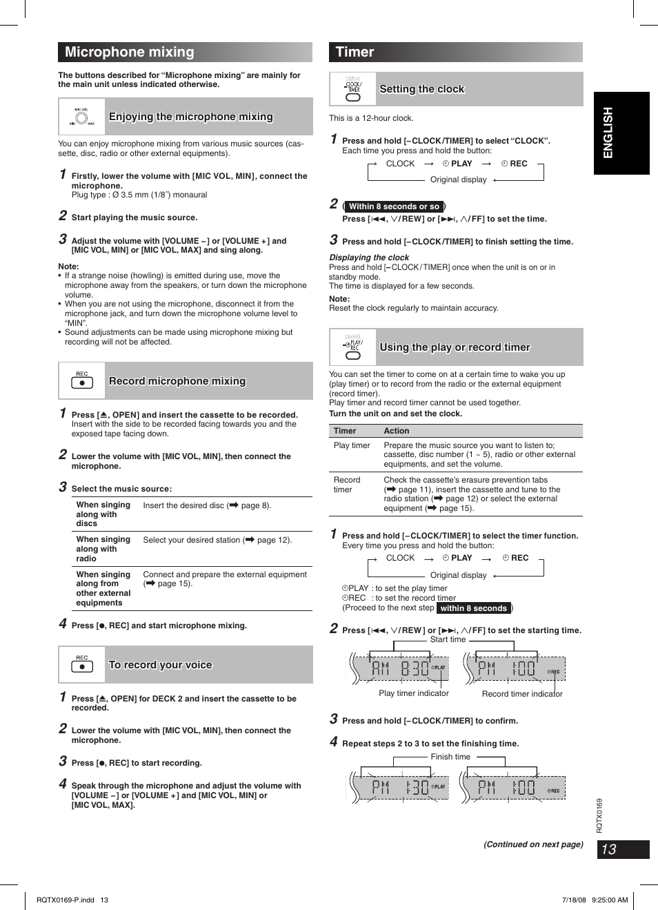 Microphone mixing, Timer | Panasonic SC-AK960 User Manual | Page 13 / 28