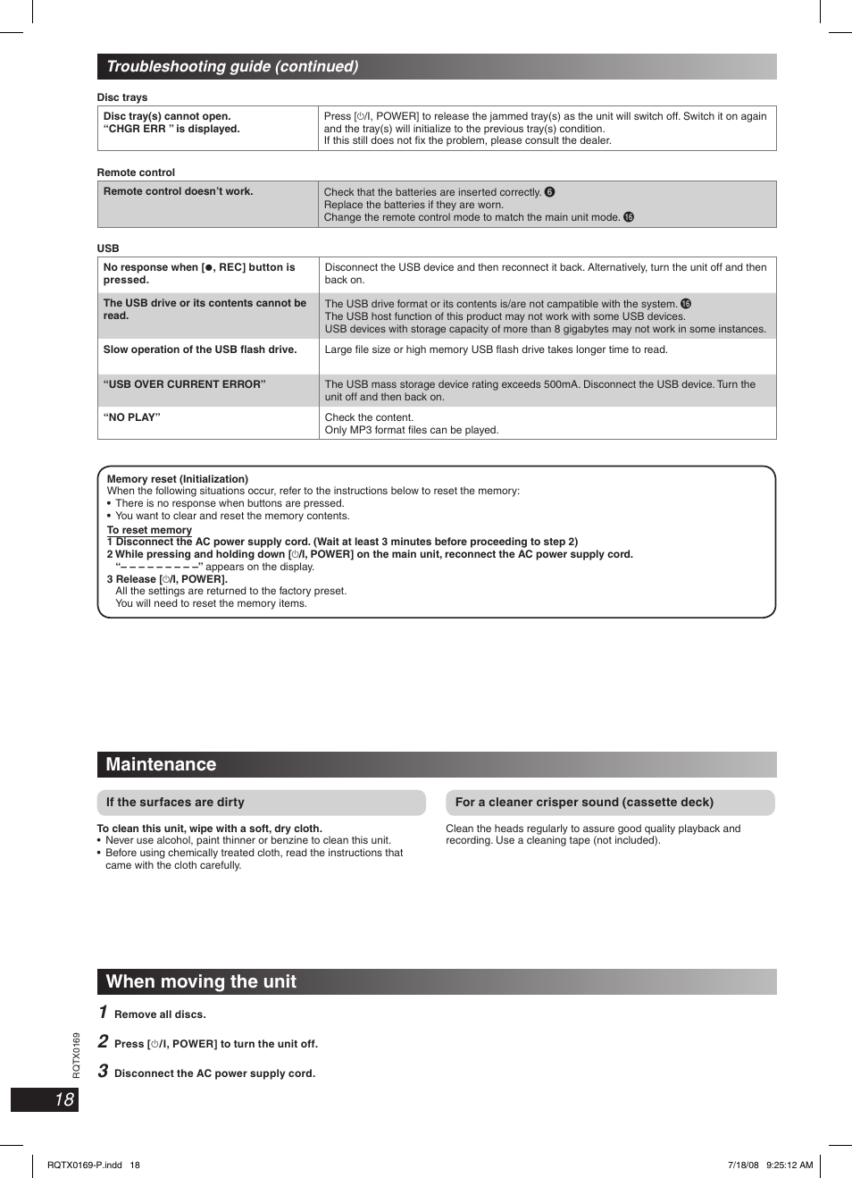 Maintenance, When moving the unit 1 | Panasonic SC-AK960 User Manual | Page 18 / 28