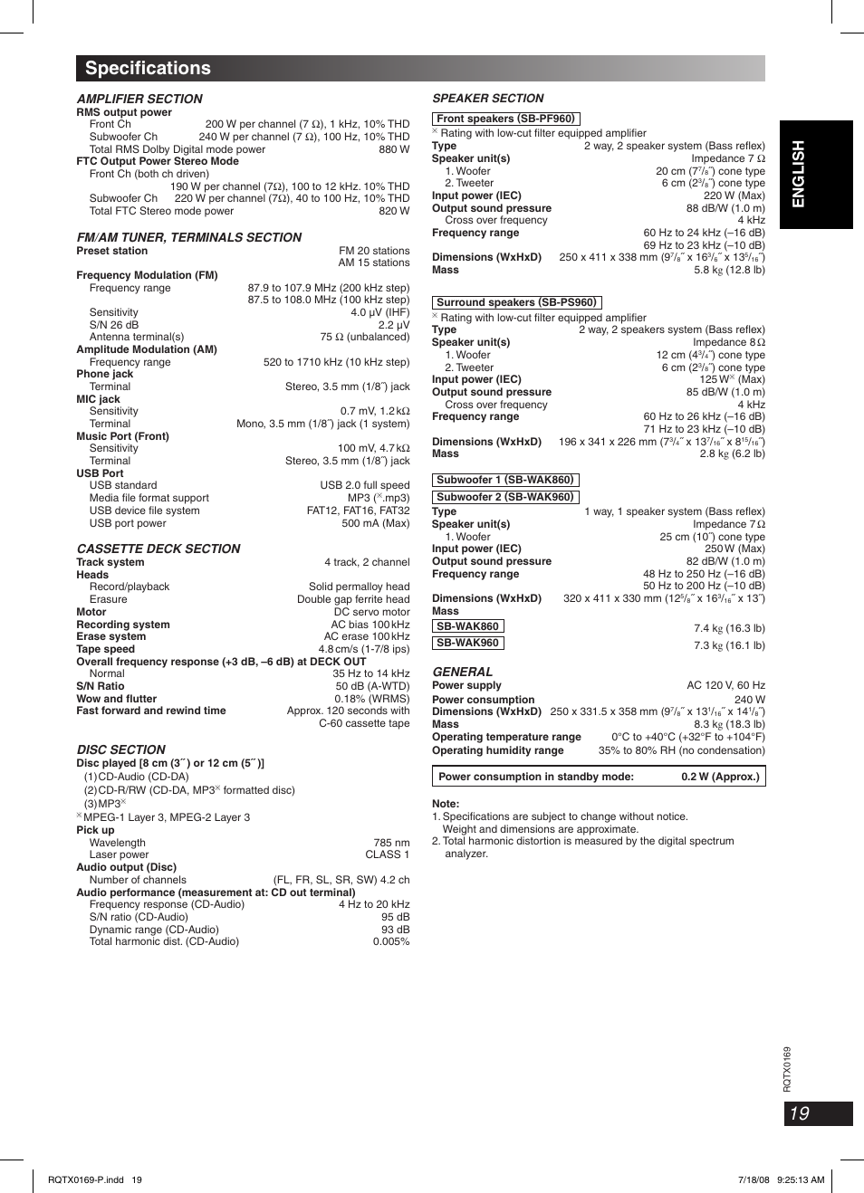 Specifi cations | Panasonic SC-AK960 User Manual | Page 19 / 28