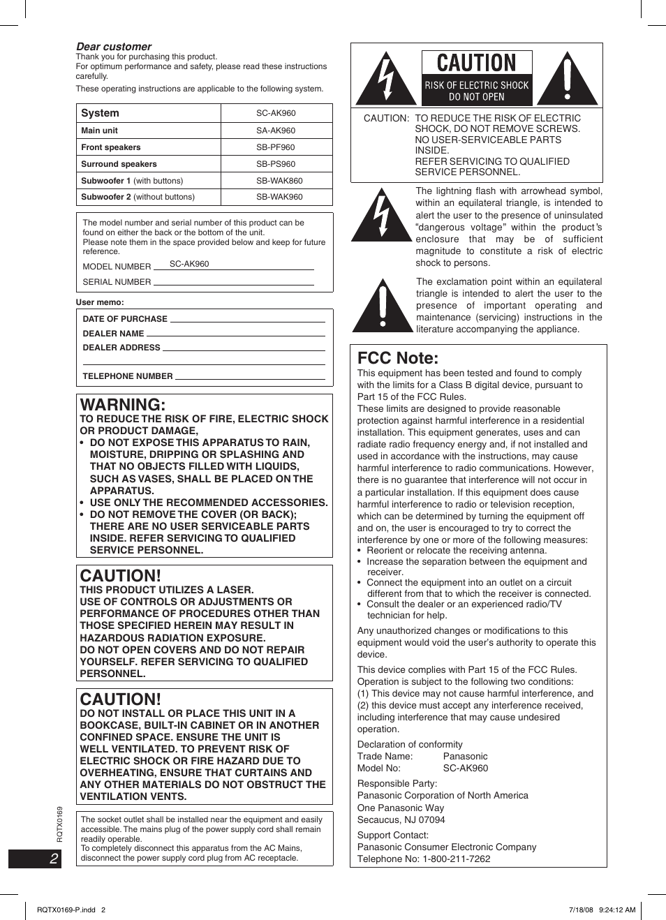 Warning, Caution | Panasonic SC-AK960 User Manual | Page 2 / 28