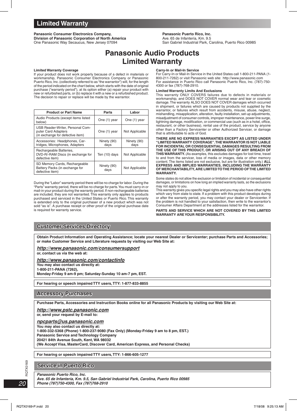 Panasonic audio products limited warranty, Limited warranty | Panasonic SC-AK960 User Manual | Page 20 / 28