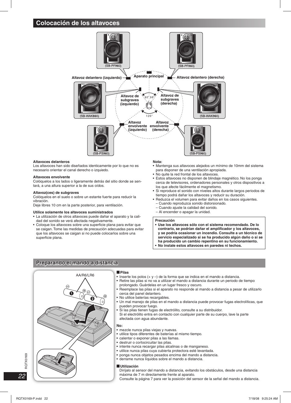 Colocación de los altavoces | Panasonic SC-AK960 User Manual | Page 22 / 28