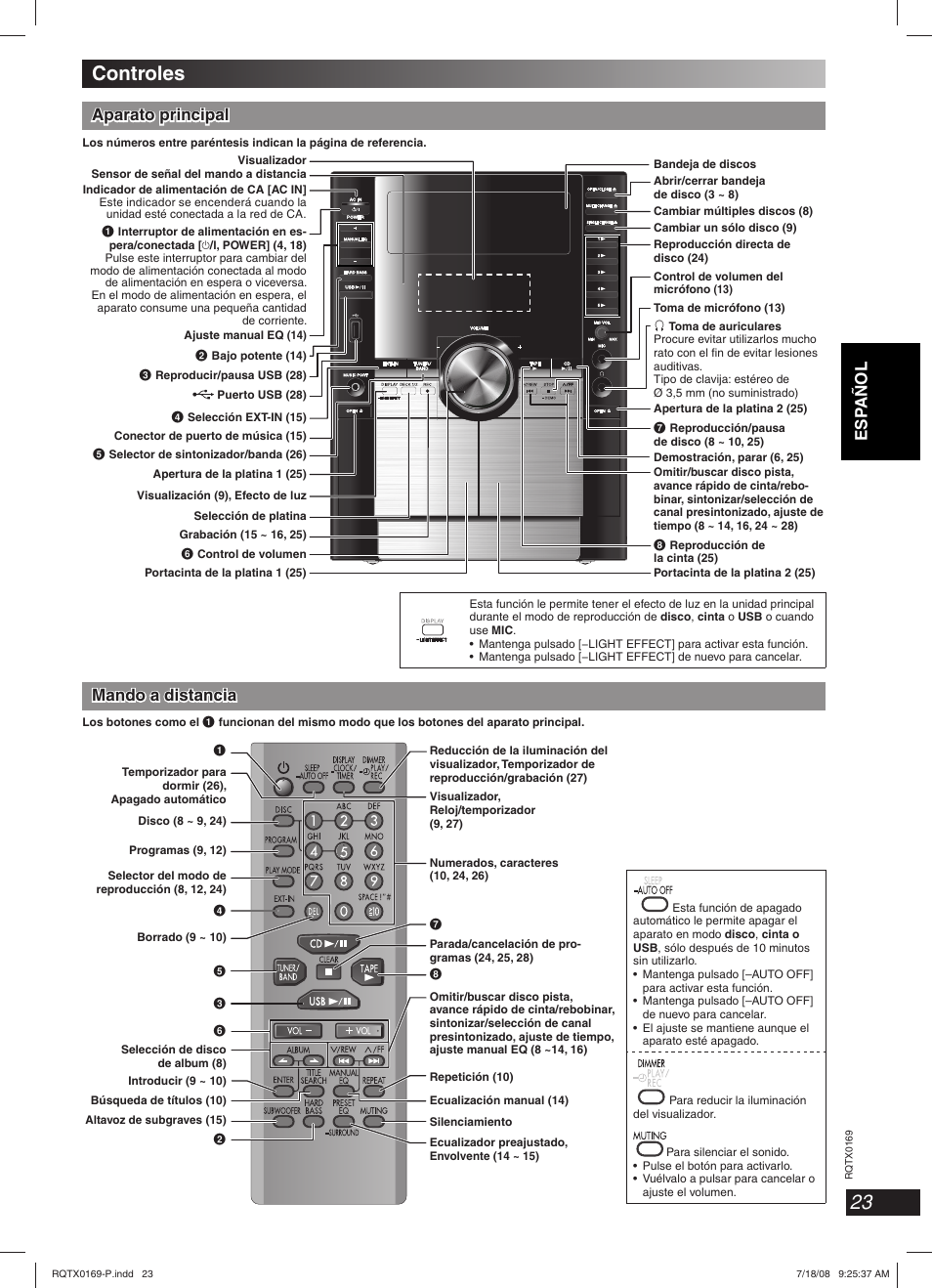 Controles, Aparato principal, Mando a distancia | Panasonic SC-AK960 User Manual | Page 23 / 28