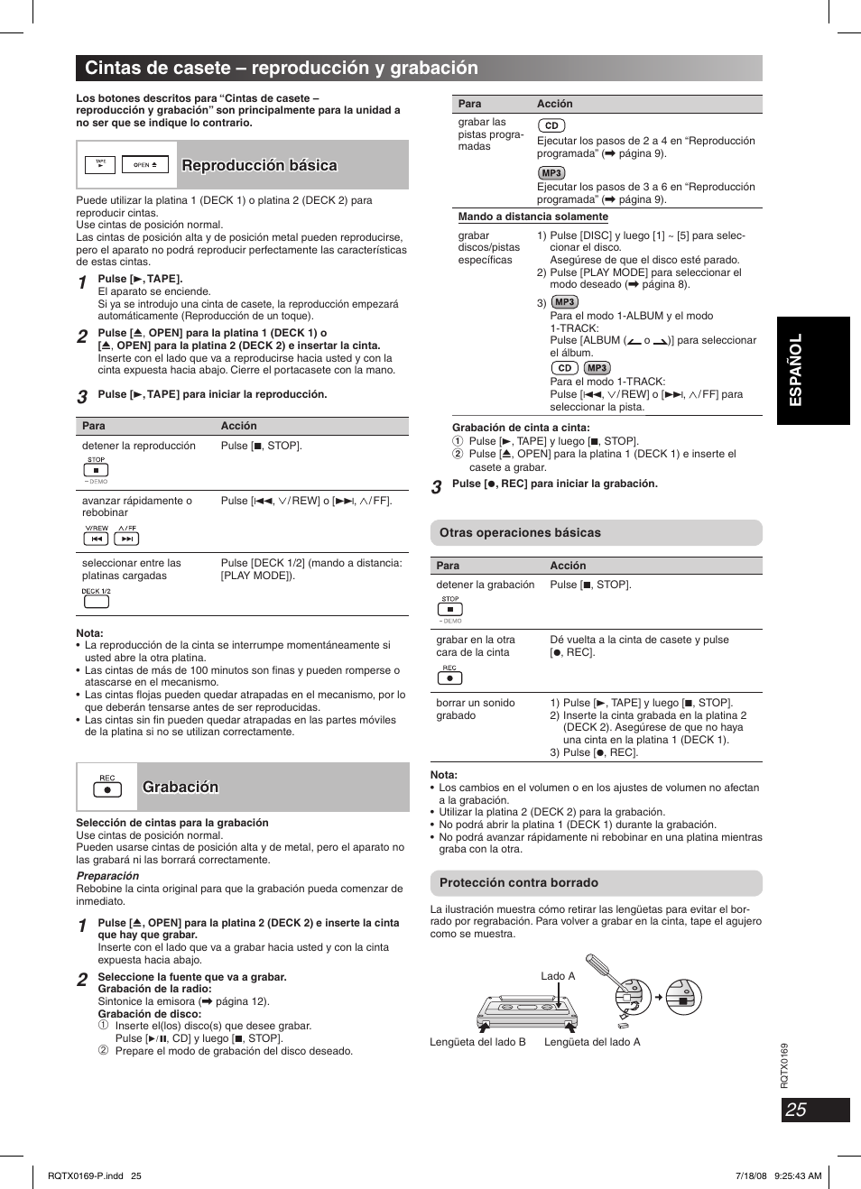 Cintas de casete – reproducción y grabación, Reproducción básica, Grabación | Panasonic SC-AK960 User Manual | Page 25 / 28