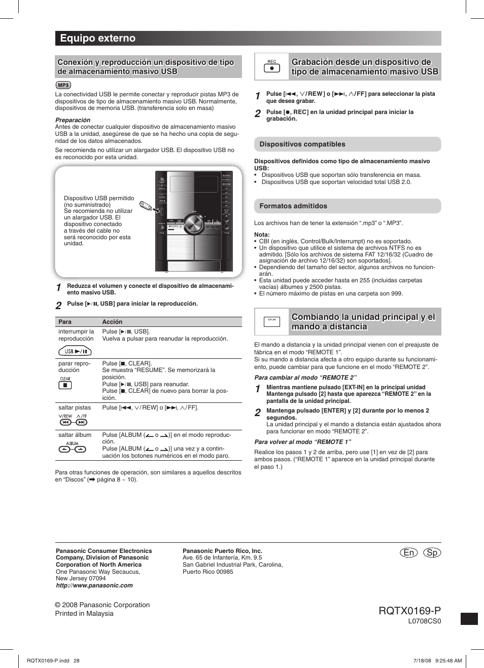 Rqtx0169-p, Equipo externo, En sp | Panasonic SC-AK960 User Manual | Page 28 / 28