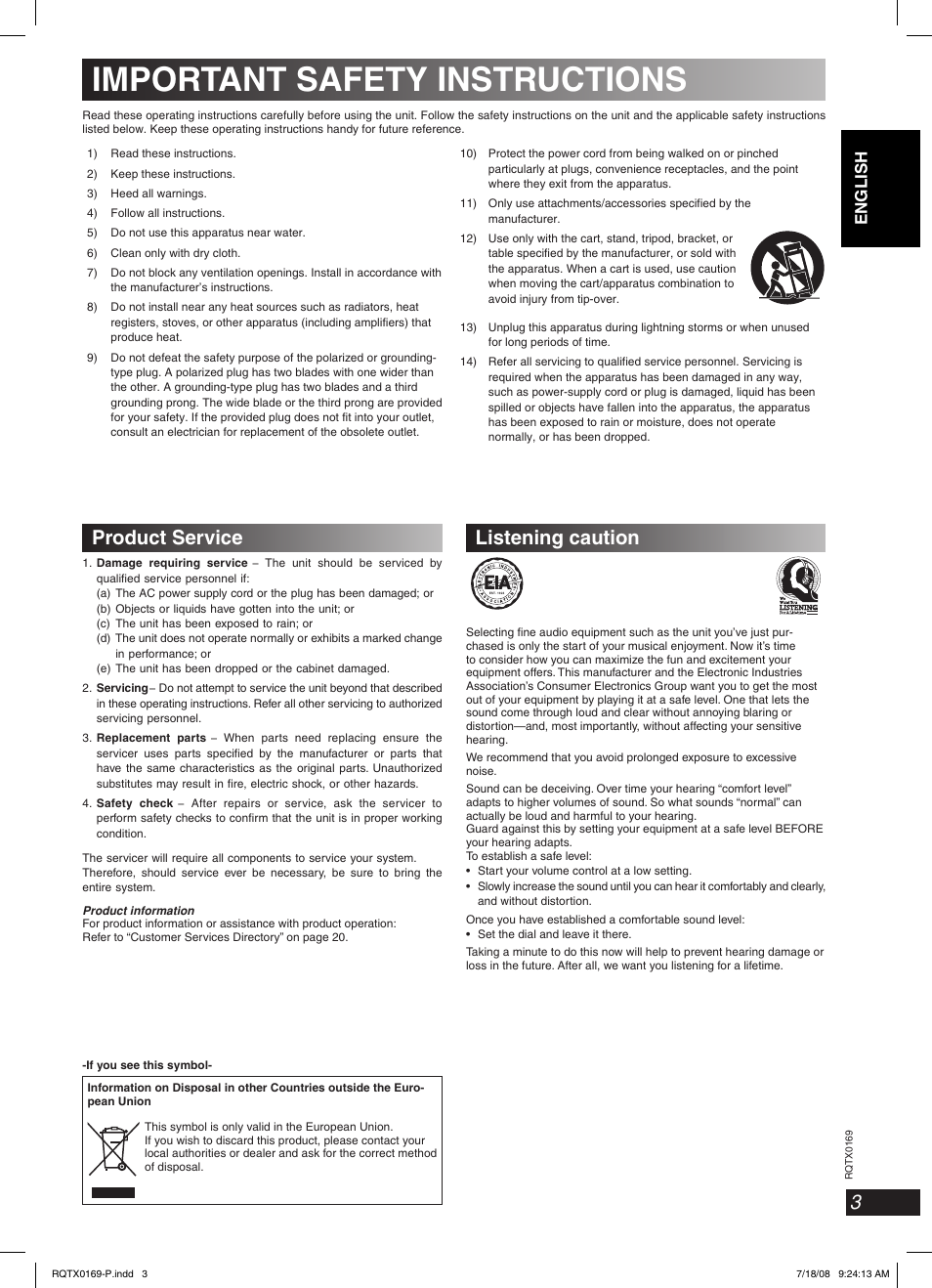 Important safety instructions, Product service, Listening caution | Panasonic SC-AK960 User Manual | Page 3 / 28