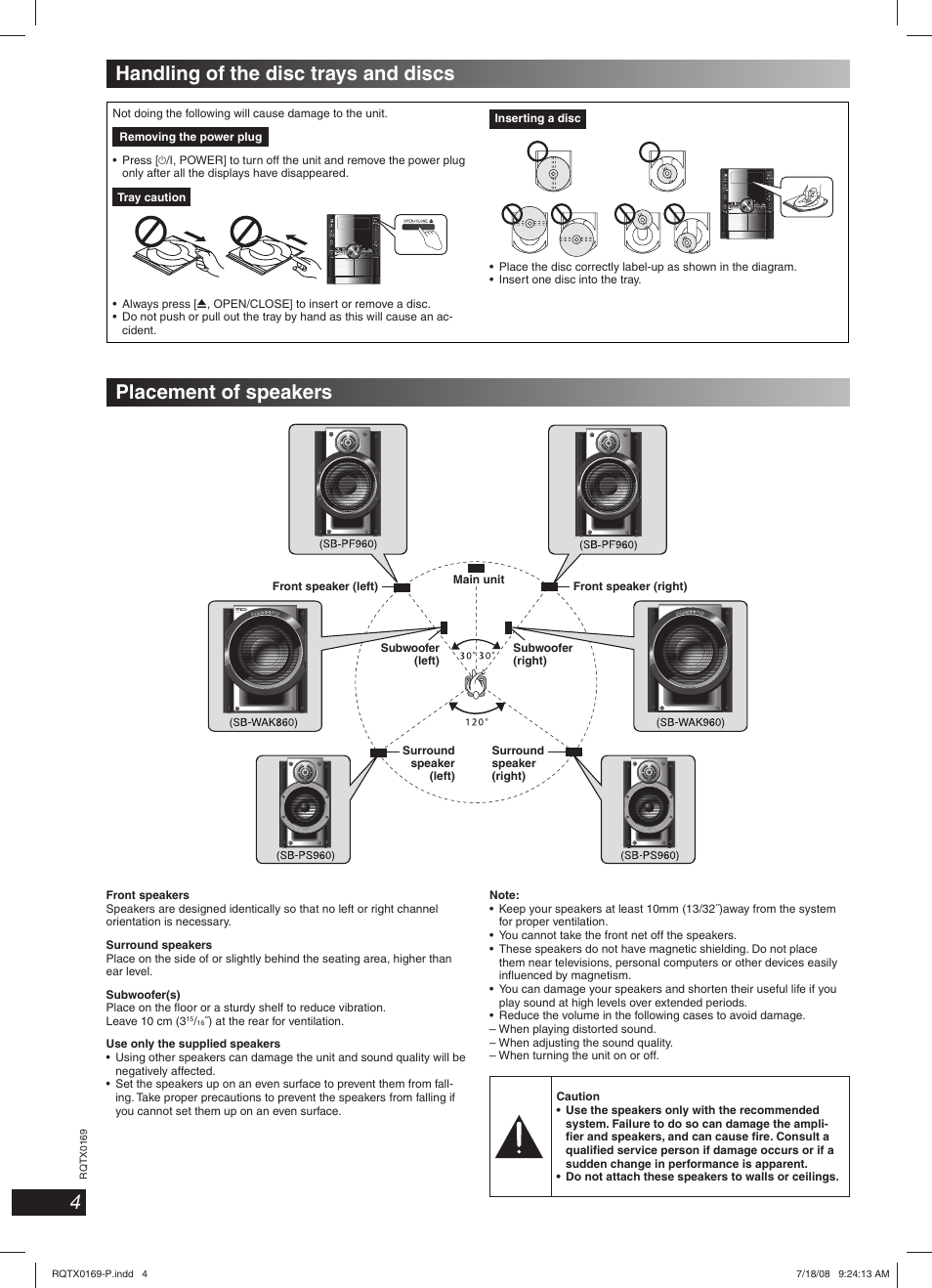 Placement of speakers, Handling of the disc trays and discs | Panasonic SC-AK960 User Manual | Page 4 / 28