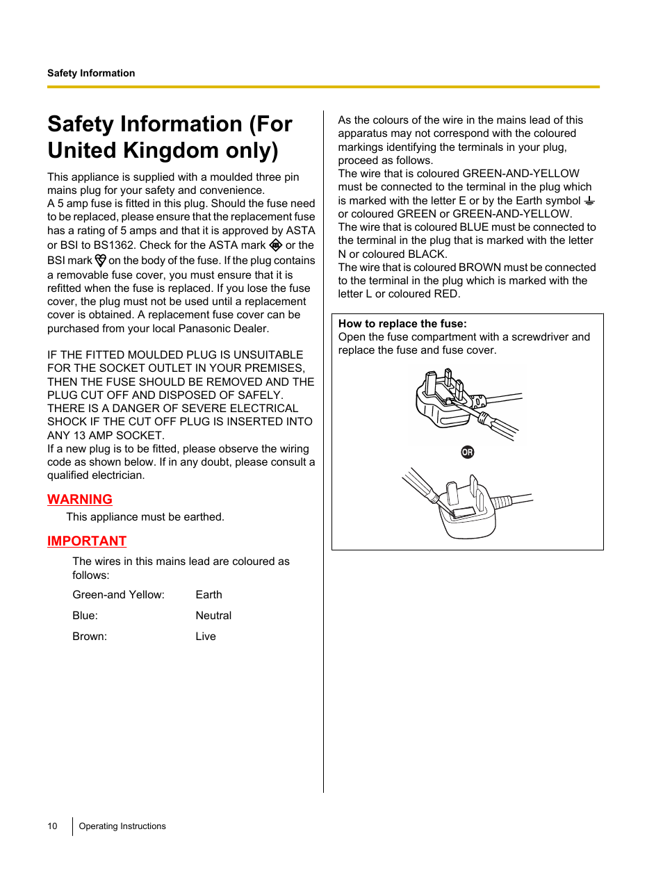 Safety information (for united kingdom only) | Panasonic KX-P1121E User Manual | Page 10 / 43