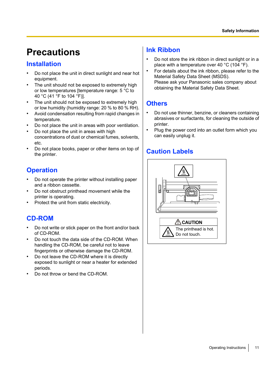 Precautions, Installation, Operation | Cd-rom, Ink ribbon, Others, Caution labels | Panasonic KX-P1121E User Manual | Page 11 / 43