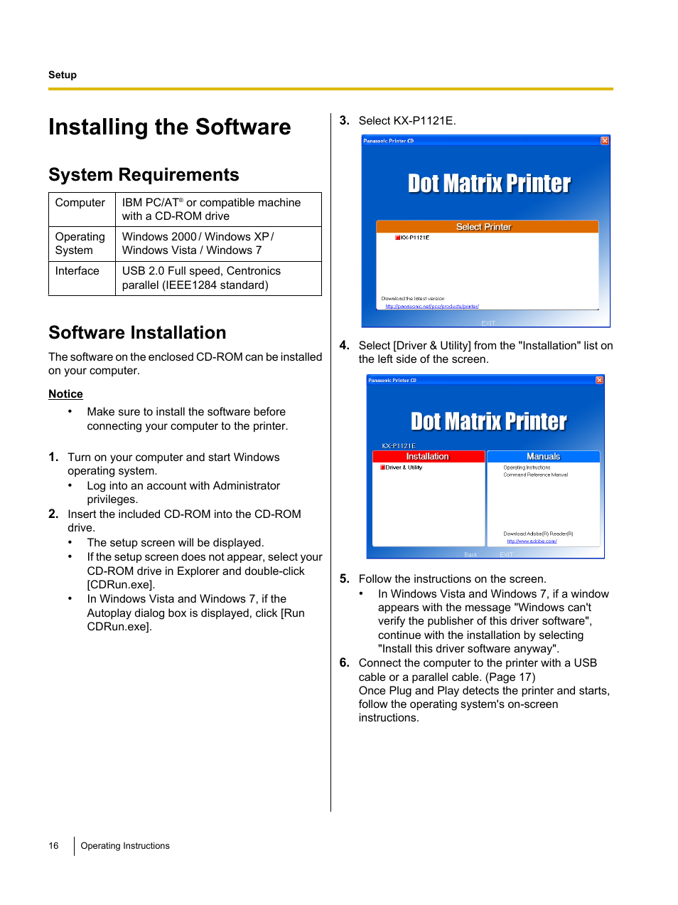 Setup, Installing the software, System requirements | Software installation | Panasonic KX-P1121E User Manual | Page 16 / 43