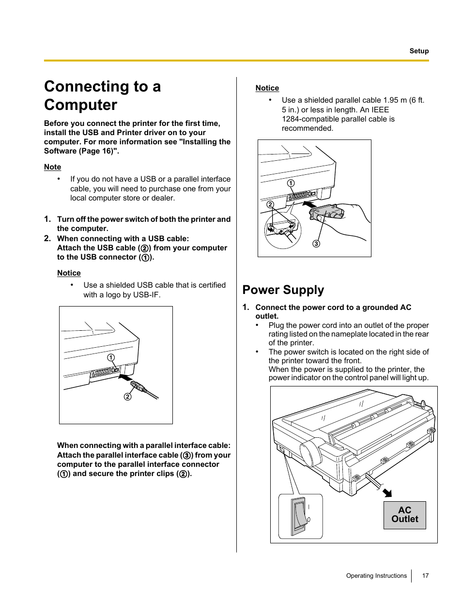 Connecting to a computer, Power supply | Panasonic KX-P1121E User Manual | Page 17 / 43