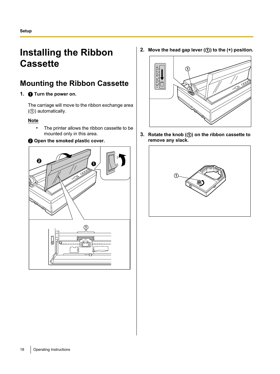 Installing the ribbon cassette, Mounting the ribbon cassette | Panasonic KX-P1121E User Manual | Page 18 / 43