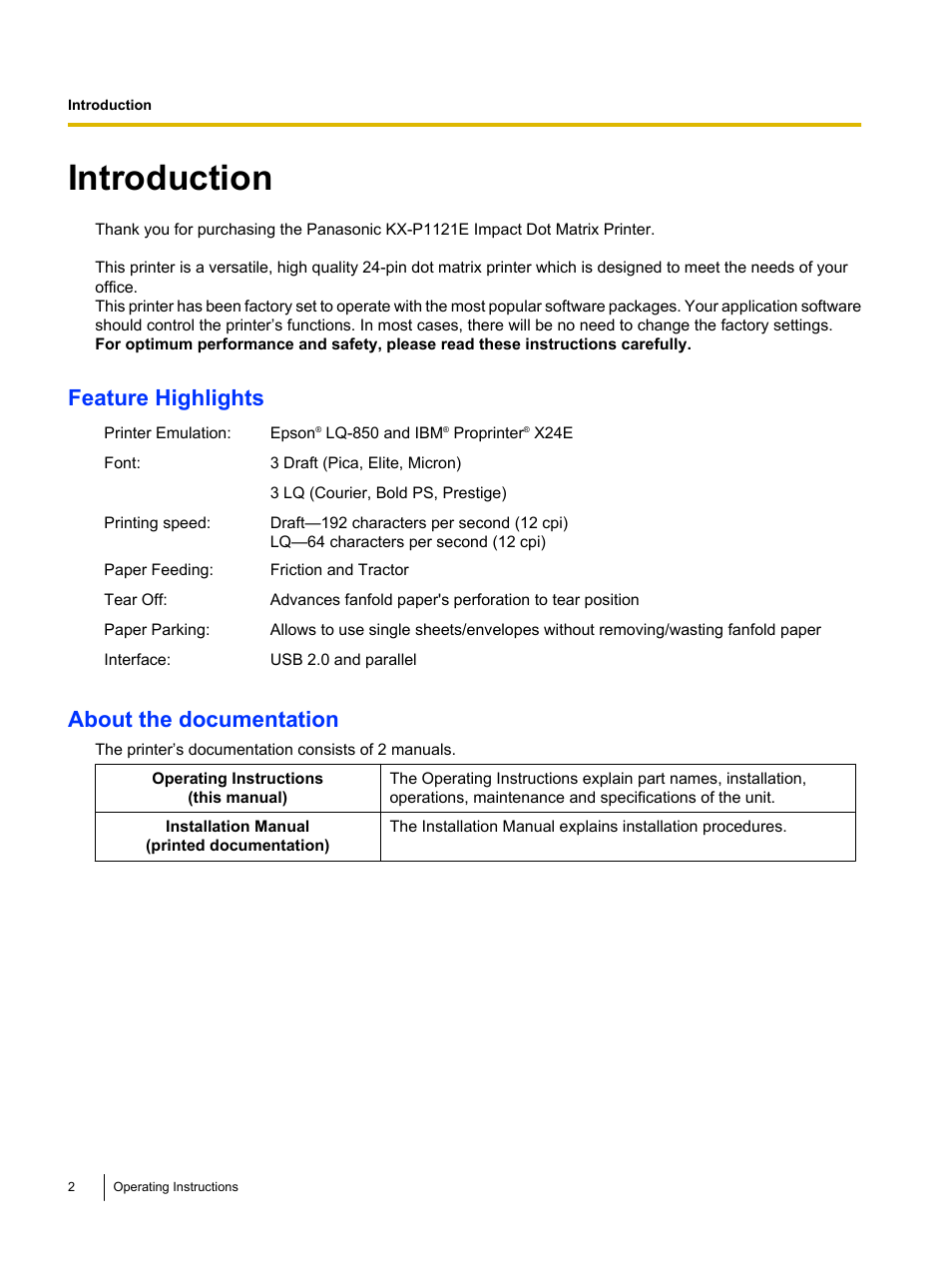 Introduction, Feature highlights, About the documentation | Panasonic KX-P1121E User Manual | Page 2 / 43