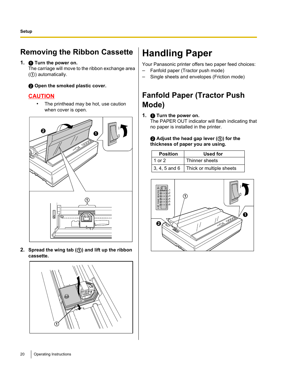 Removing the ribbon cassette, Handling paper, Fanfold paper (tractor push mode) | Panasonic KX-P1121E User Manual | Page 20 / 43