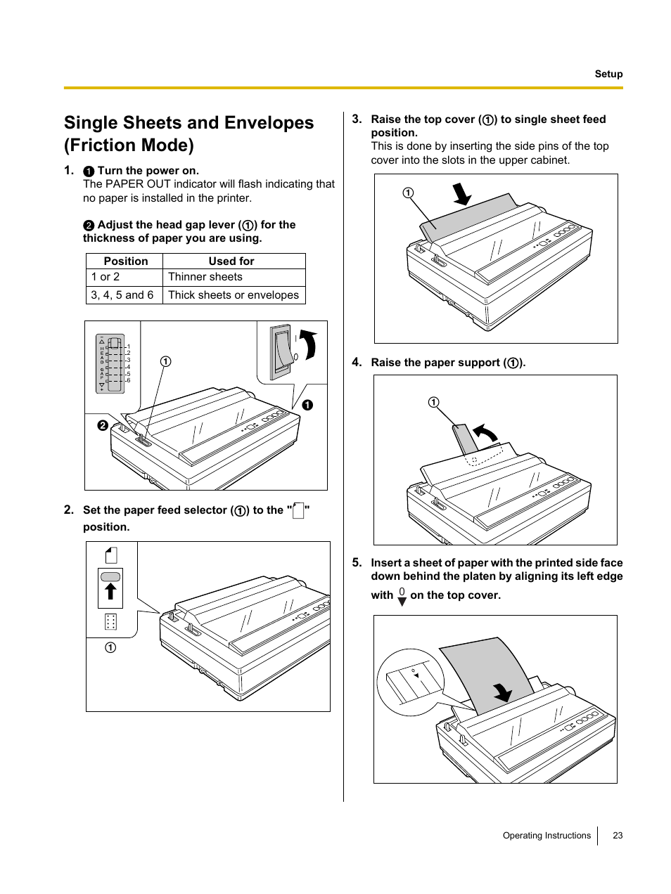 Single sheets and envelopes (friction mode) | Panasonic KX-P1121E User Manual | Page 23 / 43