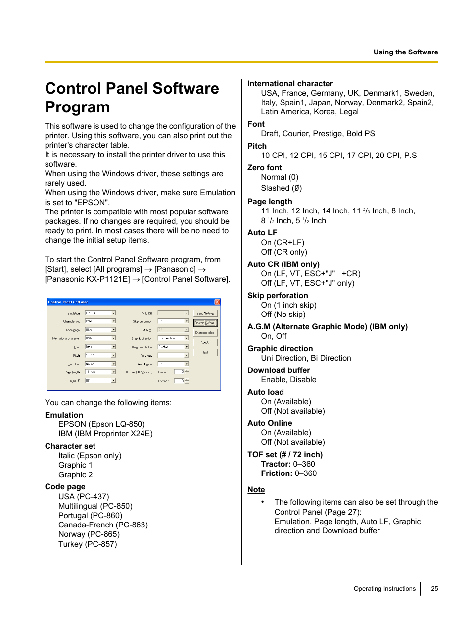 Using the software, Control panel software program | Panasonic KX-P1121E User Manual | Page 25 / 43