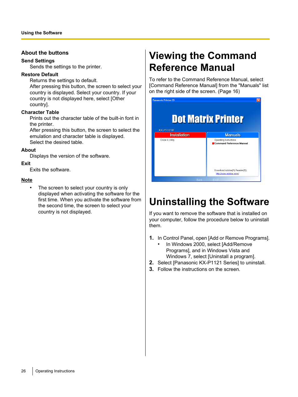 Viewing the command reference manual, Uninstalling the software | Panasonic KX-P1121E User Manual | Page 26 / 43