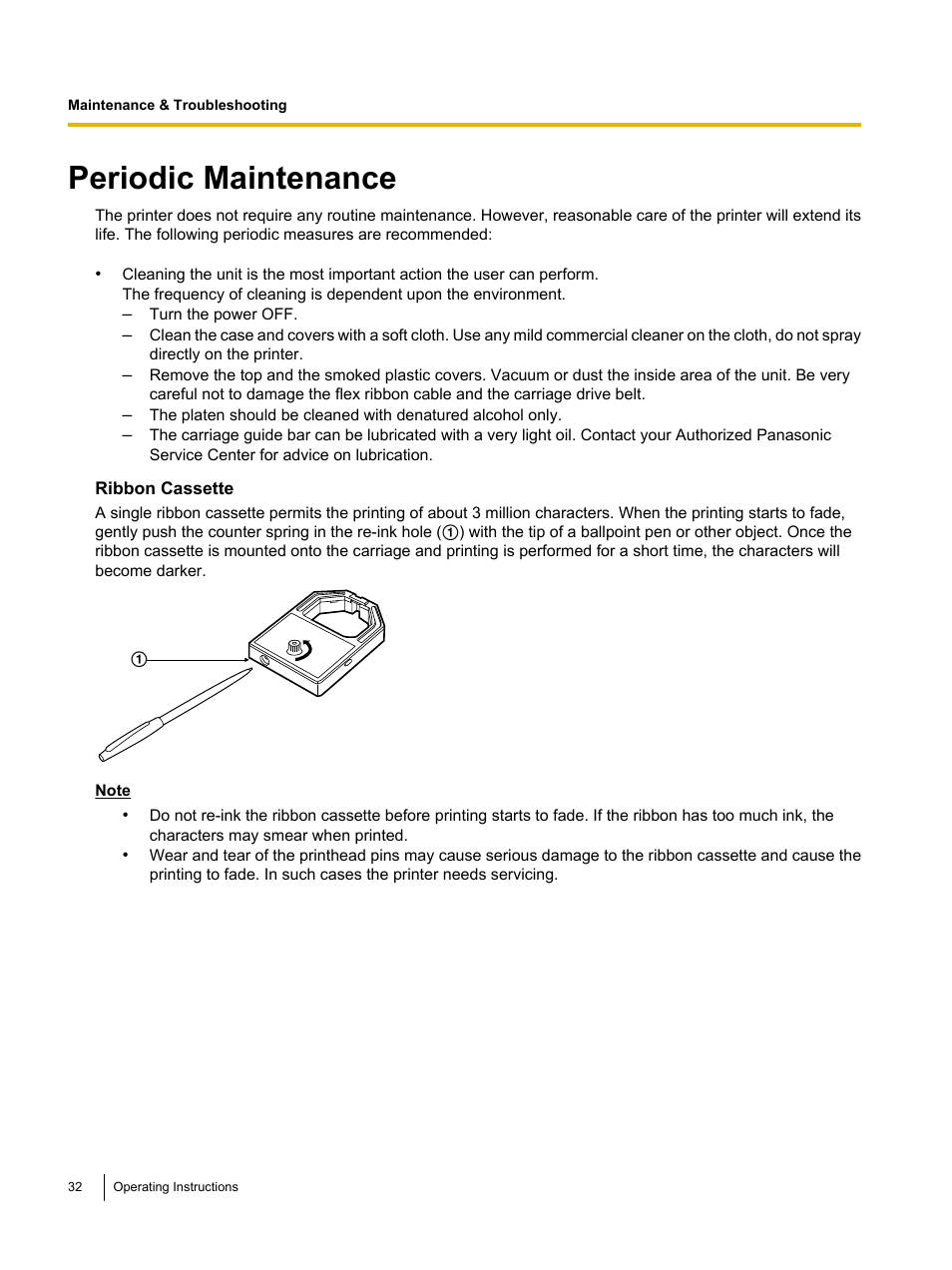 Maintenance & troubleshooting, Periodic maintenance | Panasonic KX-P1121E User Manual | Page 32 / 43