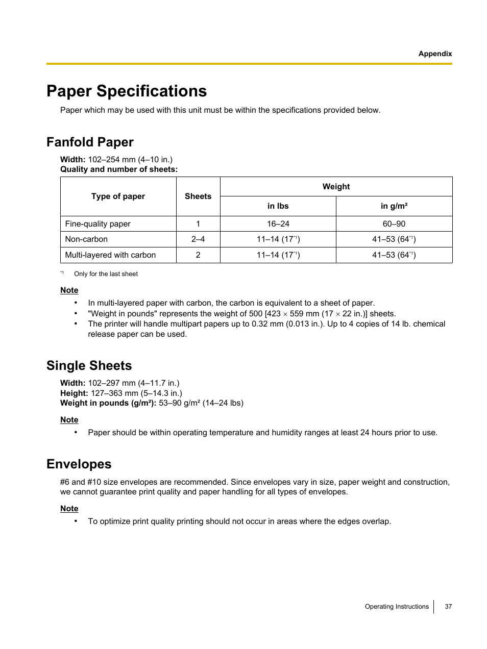 Paper specifications, Fanfold paper, Single sheets | Envelopes | Panasonic KX-P1121E User Manual | Page 37 / 43