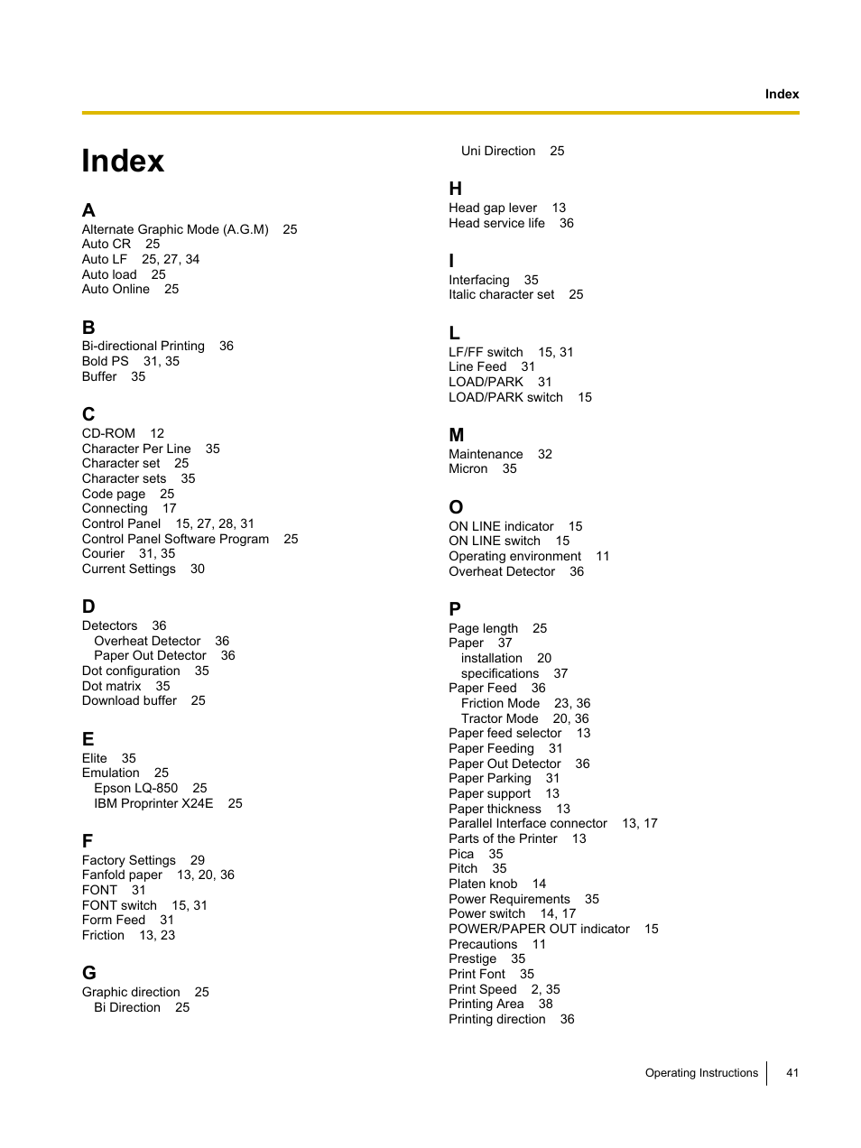 Index | Panasonic KX-P1121E User Manual | Page 41 / 43