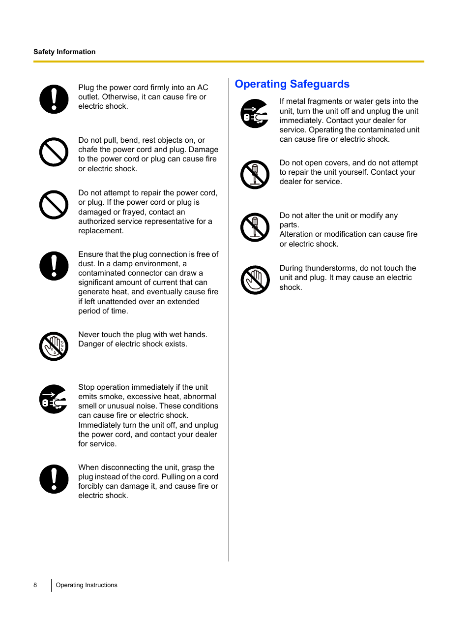 Operating safeguards | Panasonic KX-P1121E User Manual | Page 8 / 43