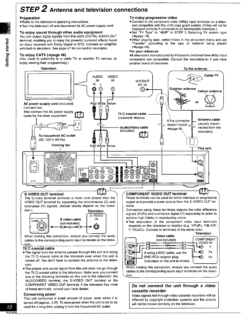 Step 2 antenna and television connections, Step, Antenna and television connections | Panasonic DMR-T3030 User Manual | Page 10 / 64