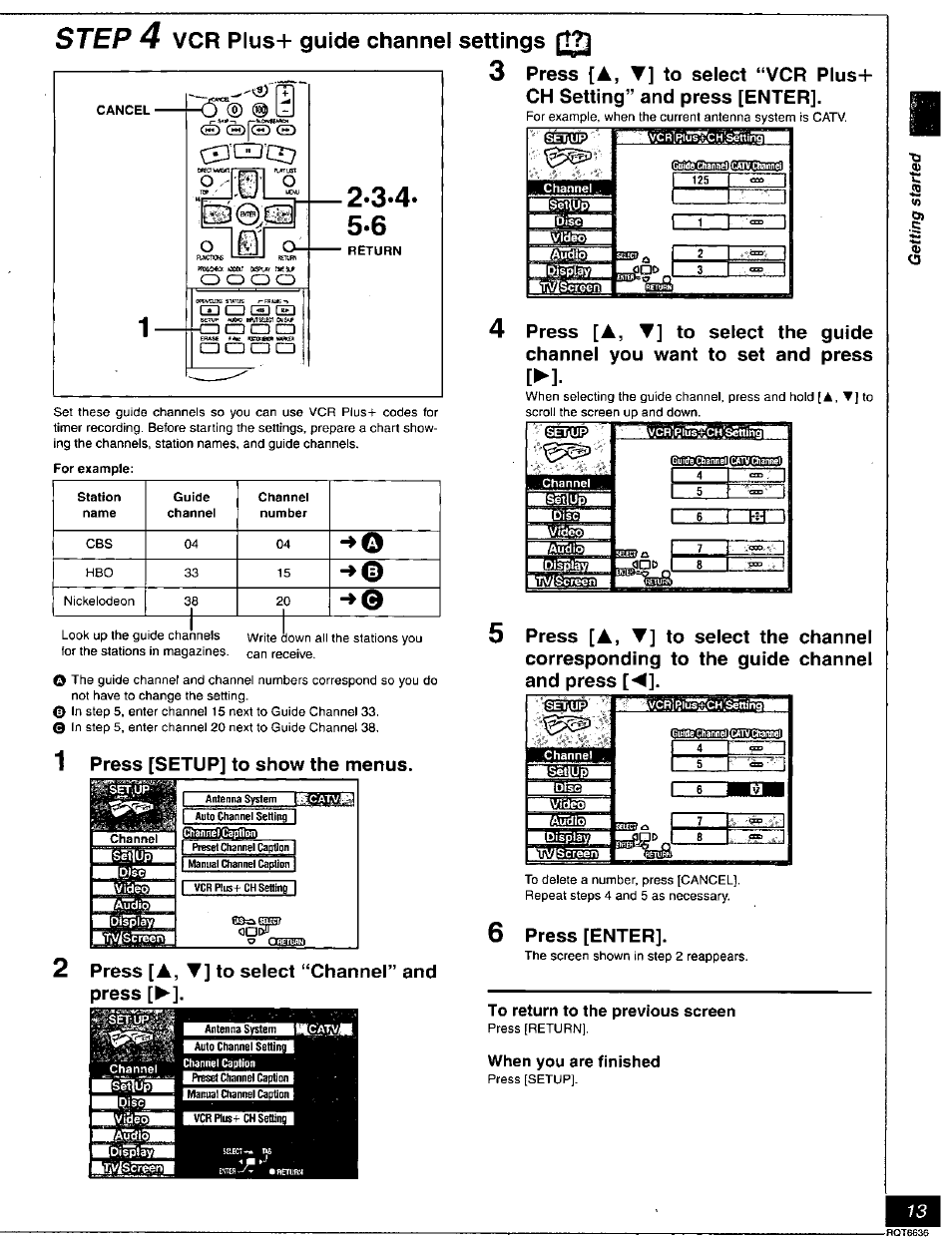 Step 4 vcr plus+ guide channel, Settings ft?1, To return to the previous screen | When you are finished, Step 4 vcr píus+ guide channel settings, Step, Vcr plus+ guide channel | Panasonic DMR-T3030 User Manual | Page 13 / 64