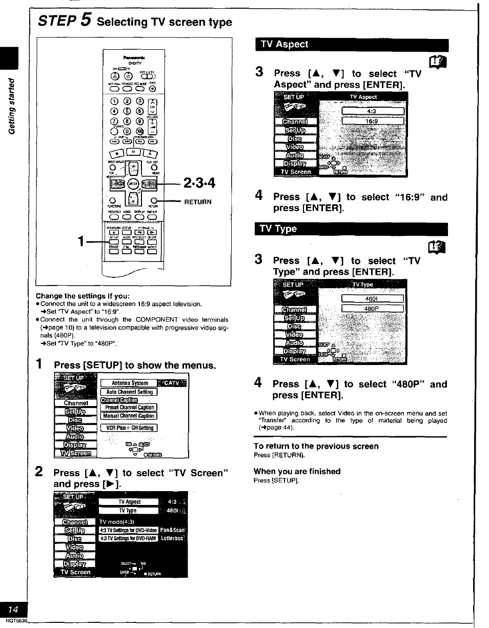 Step 5 selecting tv screen type, To return to the previous screen, When you are finished | Step, Selecting tv screen type | Panasonic DMR-T3030 User Manual | Page 14 / 64