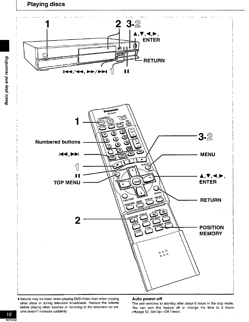 Playing discs, Numbered buttons, Top menu | Auto power-off | Panasonic DMR-T3030 User Manual | Page 16 / 64