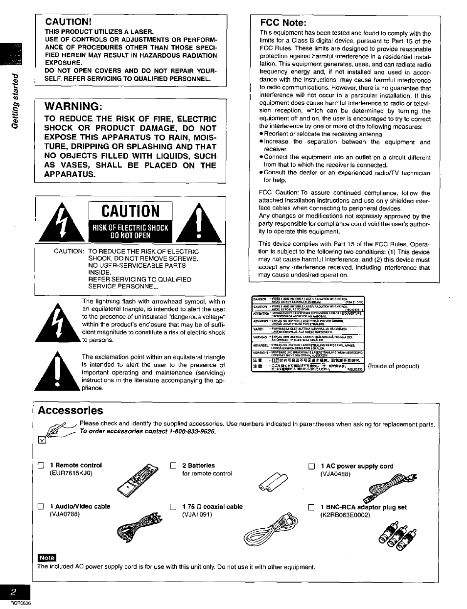 Caution, Warning, Fcc note | Panasonic DMR-T3030 User Manual | Page 2 / 64