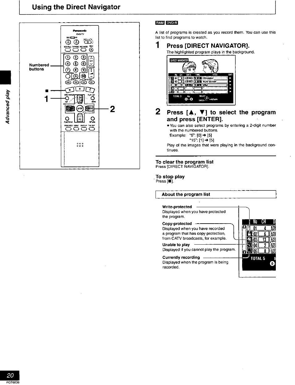 Using the direct navigator, Qh |iq33, To clear the program list | To stop play, И.1[ц, Hoi or........i~№l | Panasonic DMR-T3030 User Manual | Page 20 / 64