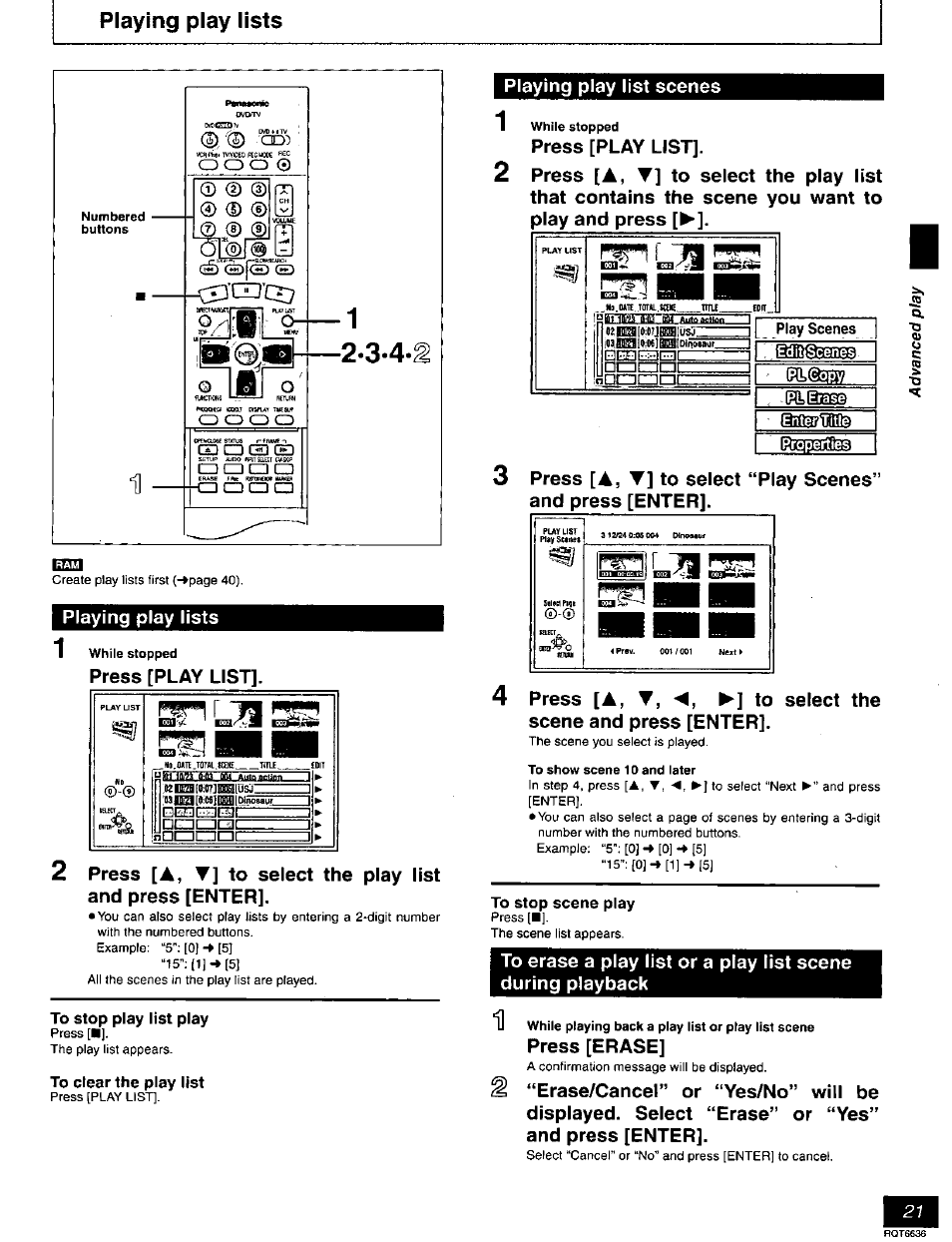 Playing play lists, To stop play list play, To clear the play list | To stop scene play | Panasonic DMR-T3030 User Manual | Page 21 / 64
