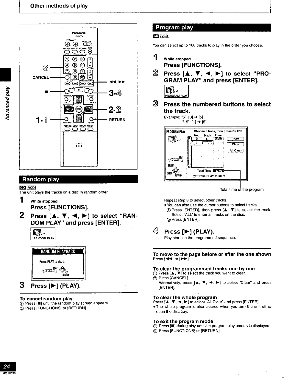 Random play, Press [functions, Program play | Press the numbered buttons to select the track, 4 press [►] (play), Random playback, 3 press [►] (play), To cancel random play, To clear the programmed tracks one by one, To clear the whole program | Panasonic DMR-T3030 User Manual | Page 24 / 64