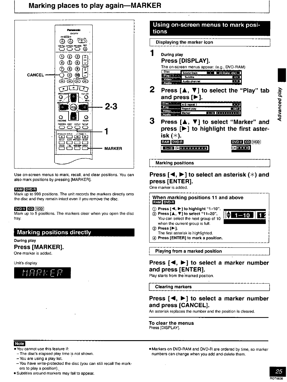 Marking places to play again—marker, To clear the menus | Panasonic DMR-T3030 User Manual | Page 25 / 64