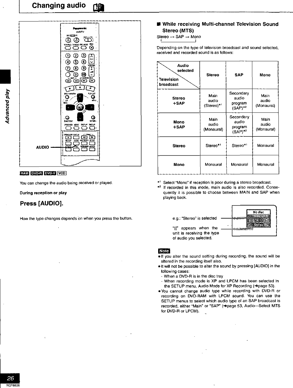 Changing audio pgj, Press [audio, Changing audio | Panasonic DMR-T3030 User Manual | Page 26 / 64