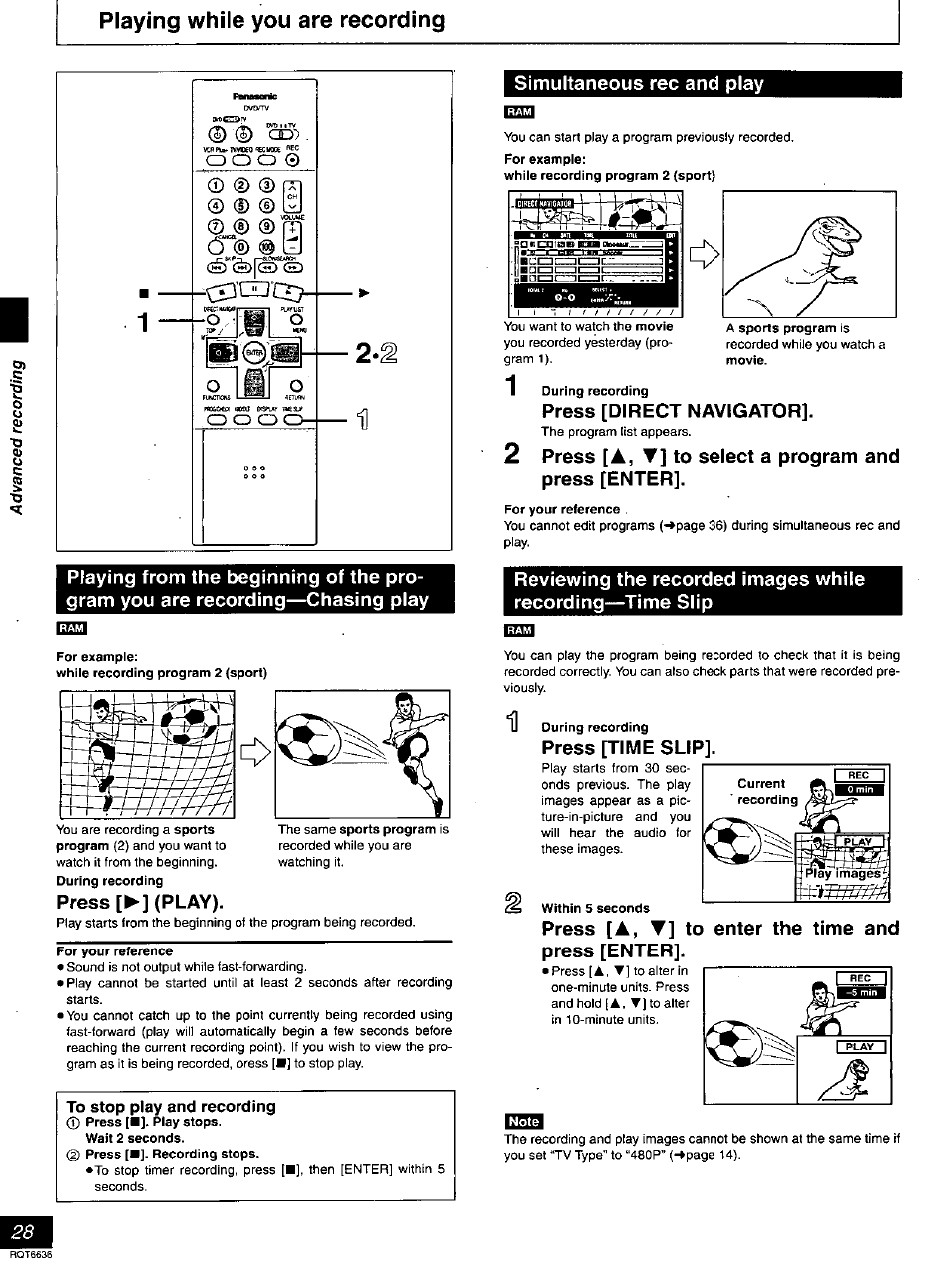 Playing while you are recording, Press [►] (play), To stop play and recording | Simultaneous rec and play, Press [direct navigator, Press [time slip, Press [a, t] to press [enter, Enter the time and | Panasonic DMR-T3030 User Manual | Page 28 / 64