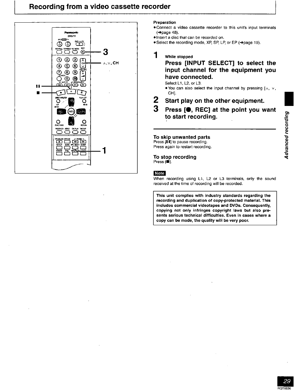 Recording from a video cassette recorder, Start play on the other equipment, To skip unwanted parts | To stop recording | Panasonic DMR-T3030 User Manual | Page 29 / 64