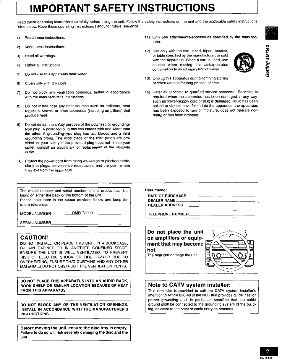 Important safety instructions, Caution | Panasonic DMR-T3030 User Manual | Page 3 / 64