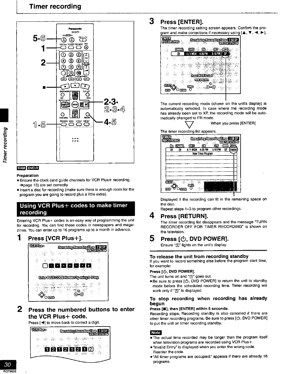 Timer recording, Using vcr plus+ codes to make timer recording, 1 press [vcr plush | 3 press [enter, 4 press [return, 5 press [(!), dvd power, To release the unit from recording standby, To stop recording when recording has already begun, Using vcr plus-f codes to make timer recording | Panasonic DMR-T3030 User Manual | Page 30 / 64