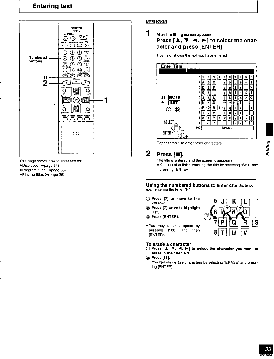 Entering text, Select, Enter | Return, Press, Using the numbered buttons to enter characters, To erase a character | Panasonic DMR-T3030 User Manual | Page 33 / 64