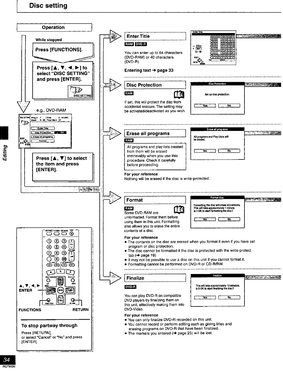 Disc setting, Disc protection, Erase all programs | Format, Finalize | Panasonic DMR-T3030 User Manual | Page 34 / 64