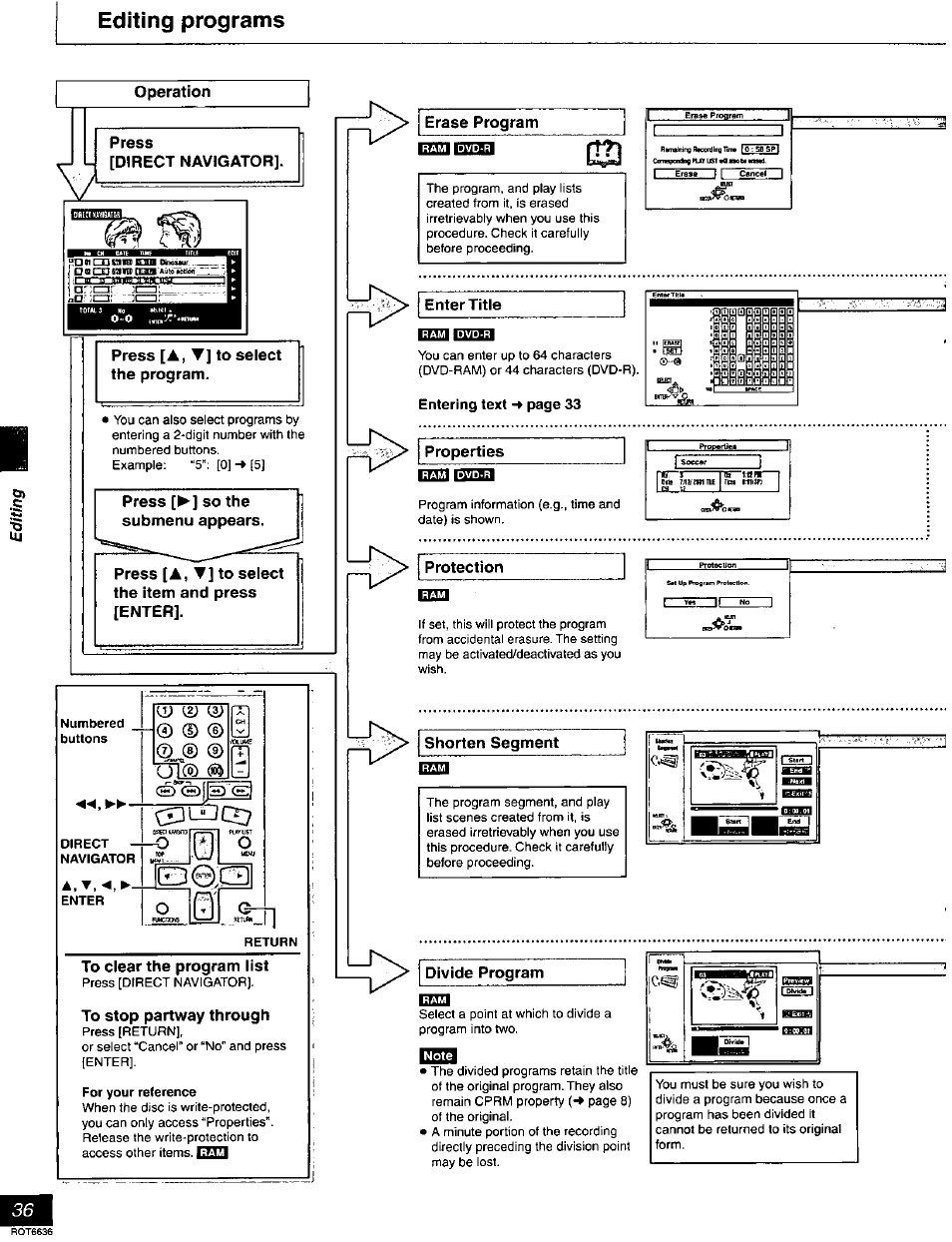 Editing programs, Operation, Press | Direct navigator, Press [a,t] to select the program, Press [►] so the submenu appears, Press [a, ▼] to select the item and press [enter, To clear the program list, To stop partway through, Erase program | Panasonic DMR-T3030 User Manual | Page 36 / 64